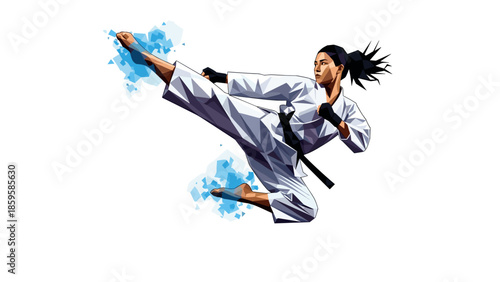 Dynamic geometric martial artist performing high kick with abstract background