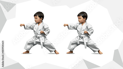 Geometric art of young martial artists practicing karate in minimalist low poly design