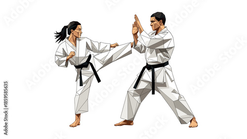 Geometric martial arts action: karate practitioners in dynamic pose