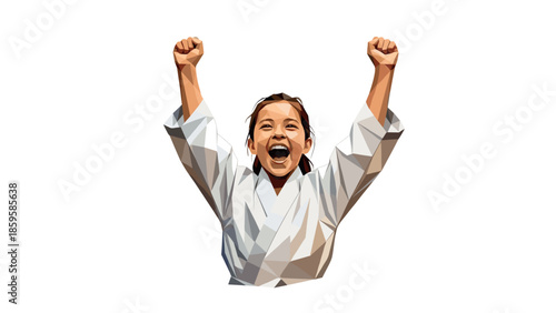 Excited child in karate uniform celebrating in geometric art style