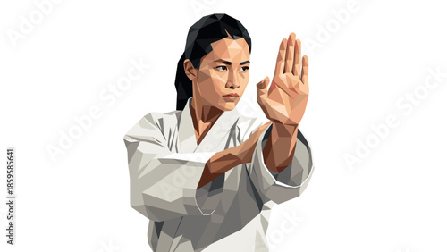 Geometric low poly martial artist in karate pose on white background