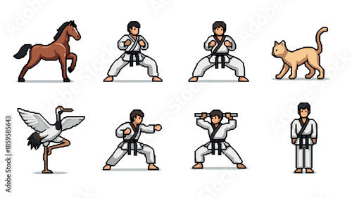 Pixel art martial arts with animal spirit representations