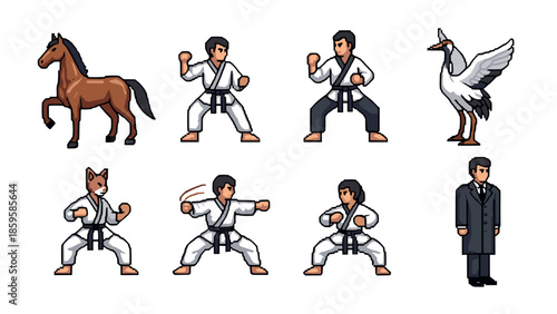Pixel art martial arts characters with animals and businessman in battle poses