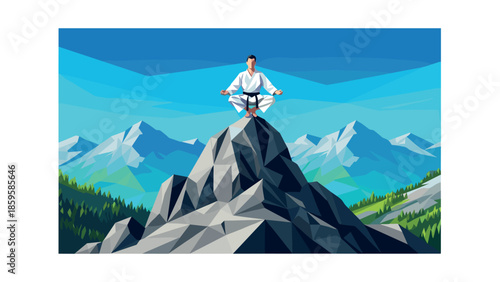 Meditation in low poly mountains: man in white suit practicing yoga on a rocky peak