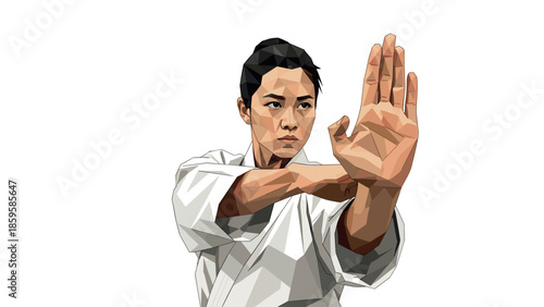Geometric martial arts pose: low poly karate stance with determined expression