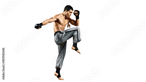 Polygonal martial artist in action pose on white background