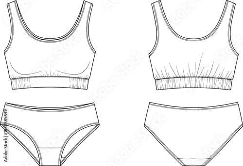 Women activewear sports bra and panty technical flat sketch vector set with front and back view for fashion design