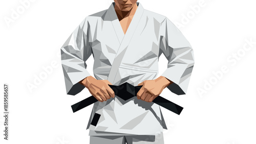 Geometric martial artist adjusting black belt in polygonal style