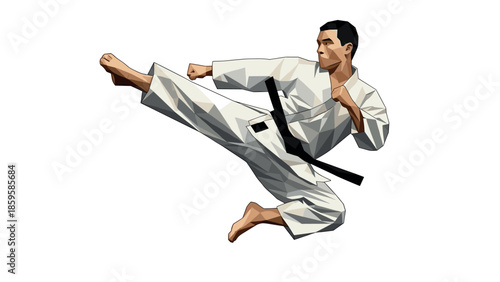 Geometric karate kick with black belt martial artist in action