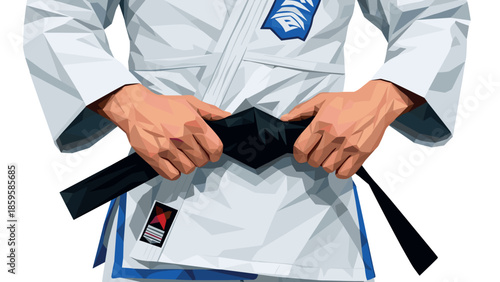 Low poly martial arts mastery: tying a black belt in a white gi