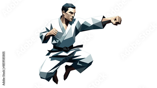 Geometric martial artist performing a karate kick in white gi