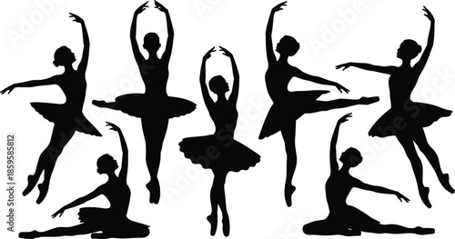 Ballet dancer silhouette set with seven graceful poses for classical dance, movement, and artistic expression themes.