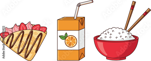 Breakfast food icons set with strawberry crepe, orange juice box, and rice bowl isolated on white background vector illustration