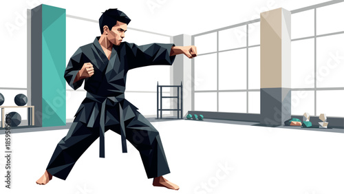Geometric karate athlete in training dojo with punching pose