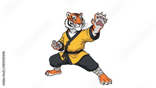 Martial arts tiger in dynamic pose wearing traditional kung fu attire