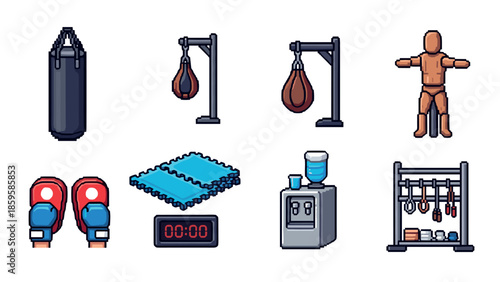 Pixel art gym equipment set featuring boxing gear and training accessories