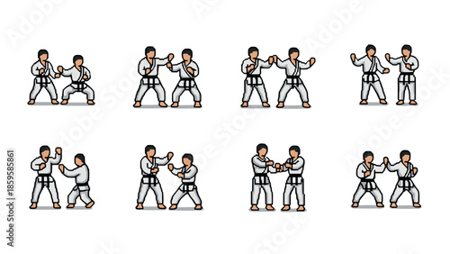 Pixel art karate fighters in action poses on white background