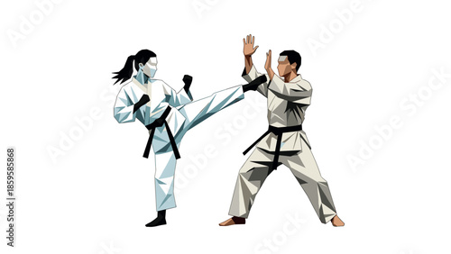 Dynamic martial arts training: low poly karate sparring with black belts
