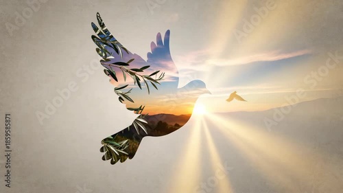Dove with olive branch silhouette flying toward bright sun in changing sky. Concept of peace, religion, or spiritual freedom.