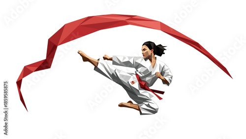 Low poly karate master with red belt ribbon kick in action pose