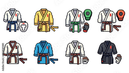Karate and martial arts uniforms and gear pixel art collection