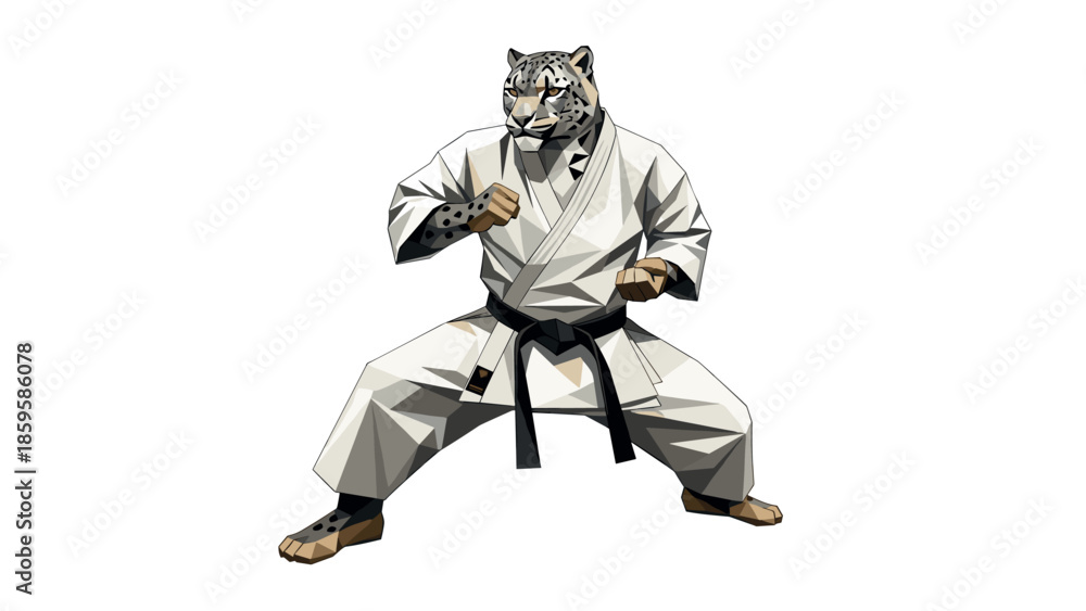 Fototapeta premium Polygonal leopard in karate gi: dynamic martial arts animal illustration