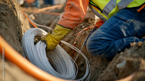 A construction worker is installing cable at a construction site. He is holding a bundle of cable in his hands, as part of a new infrastructure project for the community.
