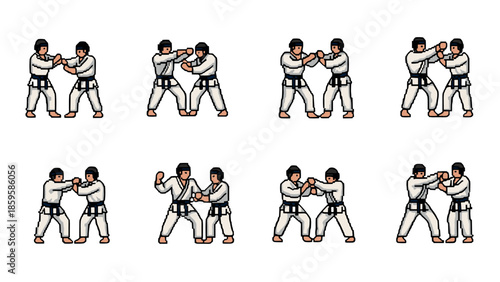 Retro pixel art karate duo in action with martial arts moves