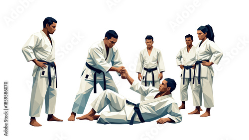 Martial arts training team supports fellow practitioner in uniform