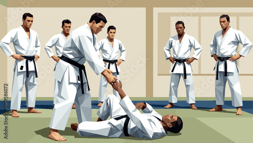 Martial arts training session with karate practitioners in geometric style
