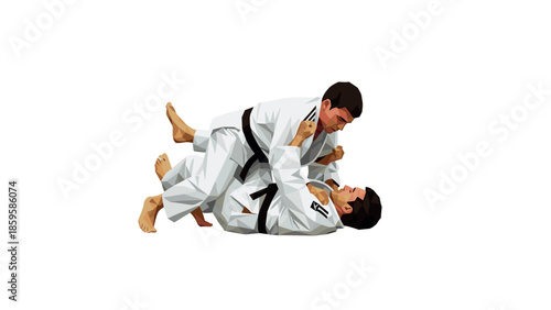 Geometric martial arts grappling scene with low poly fighters