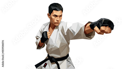 Geometric martial artist in karate pose showcasing techniques and precision