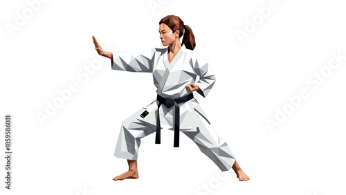 Low poly martial artist in karate pose with white gi and black belt