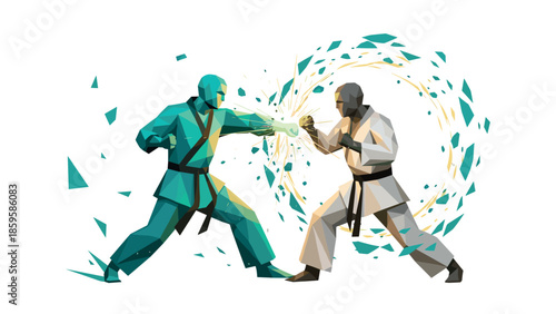 Geometric martial arts battle with energy swirl in dynamic low poly design