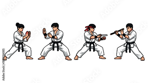 Martial arts pixel art: karate and nunchaku fighters in action