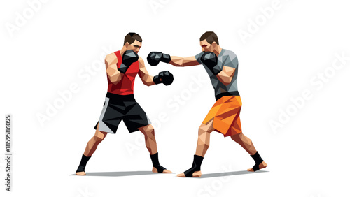 Polygonal art style boxing match with geometric athletes in action