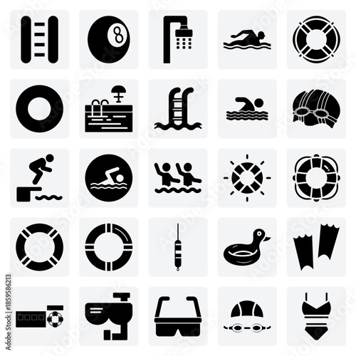 Public Swimming Pool Facilities – Pool Access Ladders, Showers, And Safety Buoys For Swimmer Use And Safety.