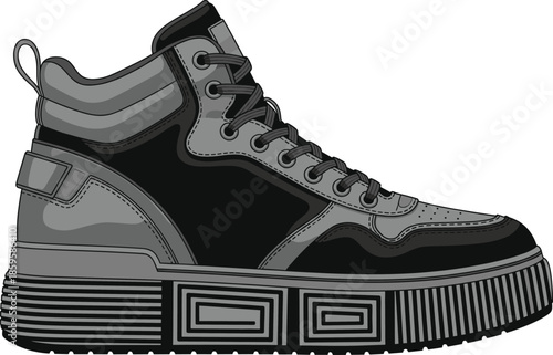 Modern high top sneaker vector illustration featuring black and grey stylish streetwear design with thick geometric pattern sole for fashion lifestyle