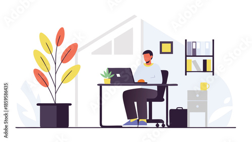 Man sitting at desk with laptop in modern office workspace with plants and office supplies