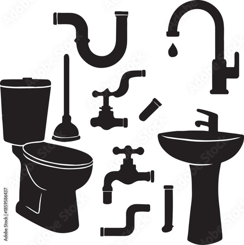 Plumbing fixtures and parts silhouettes