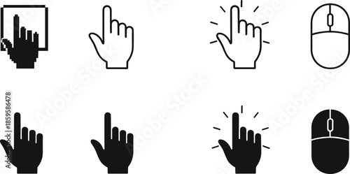 Computer mouse and finger pointer cursor icon set vector illustration for website navigation digital interface and interactive click button design