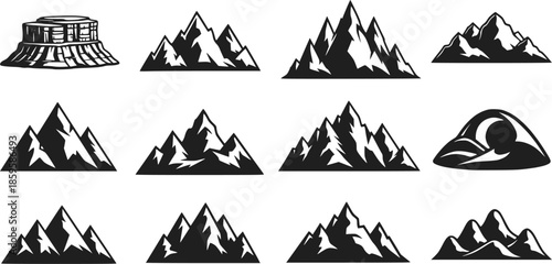 Mountain silhouette. Black outline minimal mountains shape for banner border and scenic backdrop. Isolated vector set, transparent background EPS version.