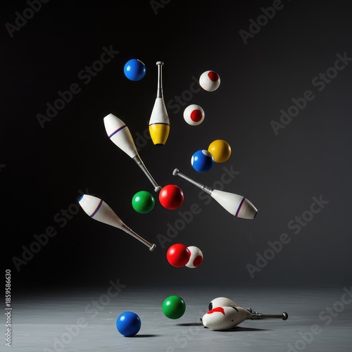 Dynamic shot capturing multiple colorful juggling balls frozen high in the air during an energetic performance act ,colorful ,activity ,practice