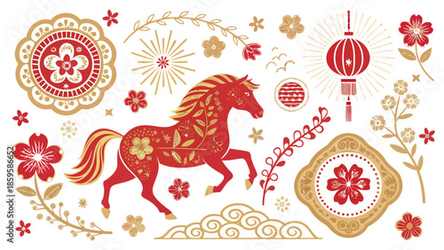Vibrant red horse surrounded by festive flowers and lanterns