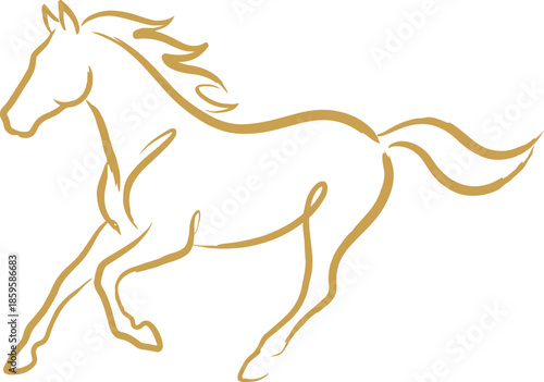 Elegant One Line Drawing of Gold Horse Running, Minimalist Vector Art