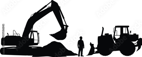 Construction scene silhouette with excavator, bulldozer, and worker for earth-moving, labor, and industrial themes.
