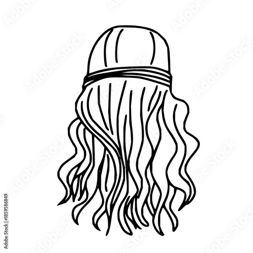 Hand-drawn illustration of long wavy hair with a headscarf, representing a casual or free-spirited style, perfect for fashion, beauty, or vintage-themed designs