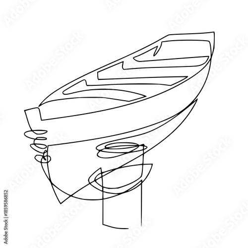 Elegant minimalist continuous line art capturing the sleek silhouette of a boat, symbolizing peaceful voyages and the beauty of maritime design, embracing artistic simplicity