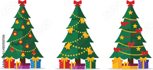 Three decorated Christmas trees with stars bells and bows featuring colorful gift boxes at the base for winter holiday celebration concept