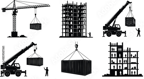 Construction site silhouette set with cranes, buildings, and workers for architecture, engineering, and industrial labor themes.
